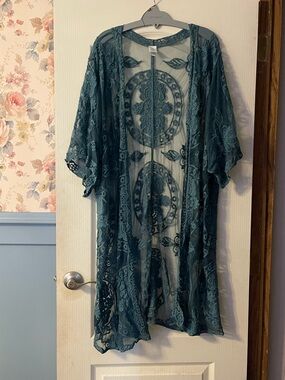 Teal Embroidered Sheer Kimono